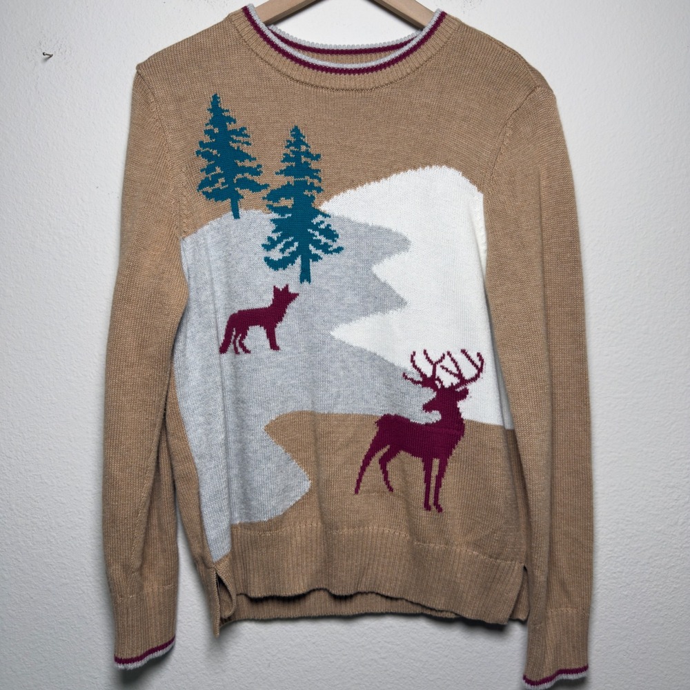 Charter Club Women Cotton Novelty Sweater Scenic Deer Fox Pine Tree Intarsia